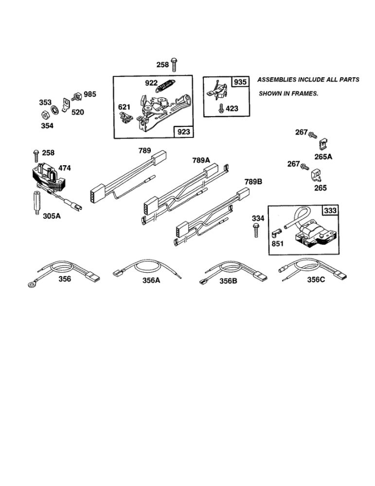 Wire Harness/Brake/Interlock Switch Diagram and Parts List for 12F800-12F899 0821-0829-0873 Briggs and Stratton Engine